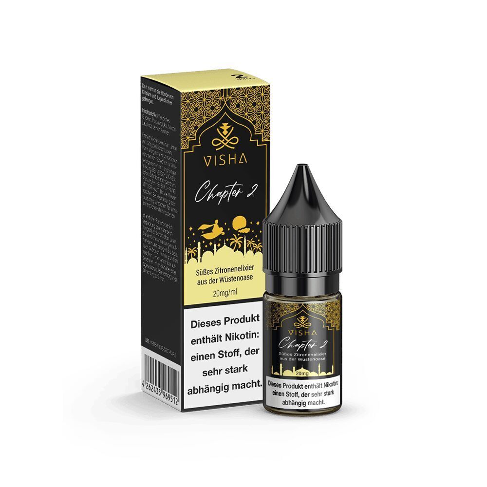 Liquid Chapter 2 - Visha Flasche Visha Nikotinsalz Chapter 2 mit schwarzem Deckel und Verpackung, Aufschrift "Süßes Zitronenelixier aus der Wüstenoase", 20 mg/ml