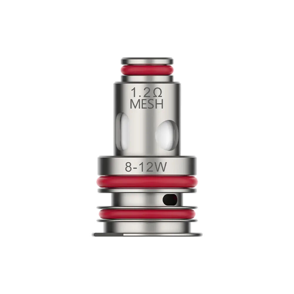 Vaporesso GTX Coil mit 1,2 Ohm, aus Metall mit roten Dichtungen, markiert mit "1.2Ω MESH" und "8-12W" Aufschrift, zylindrische Form