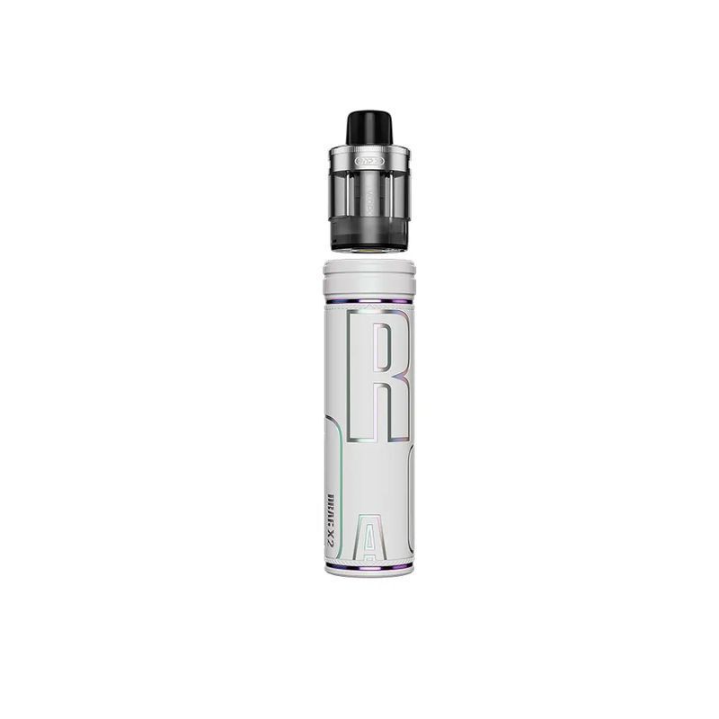 Voopoo Drag X2 Pod Kit in Pearl White, zylindrische Form, großes "R" und "A" auf der Oberfläche, transparenter Pod oben.