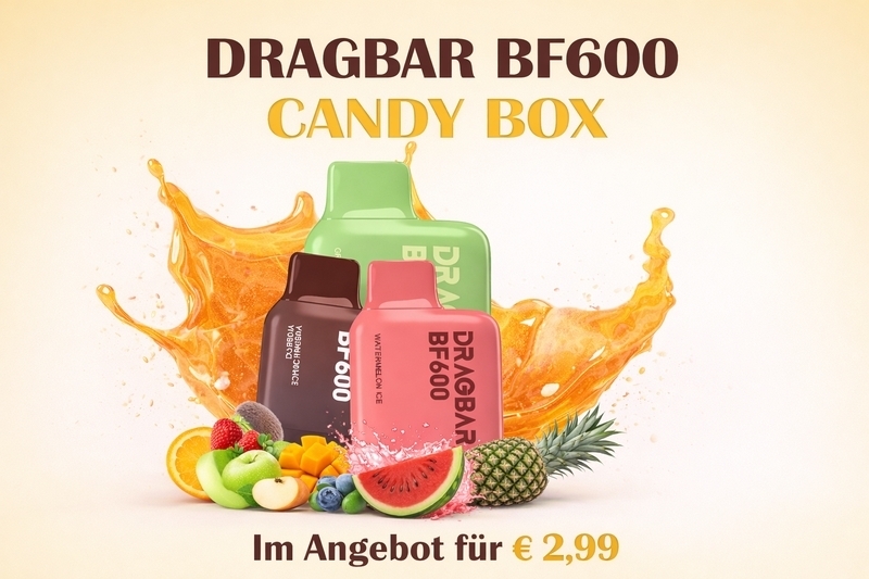Werbebanner für Dragbar BF600 Candy Box Einweg E-Zigaretten mit drei farbigen Geräten, umgeben von frischem Obst wie Wassermelone, Ananas und Beeren. Auf dem Banner steht „Im Angebot für 2,99 Euro“.