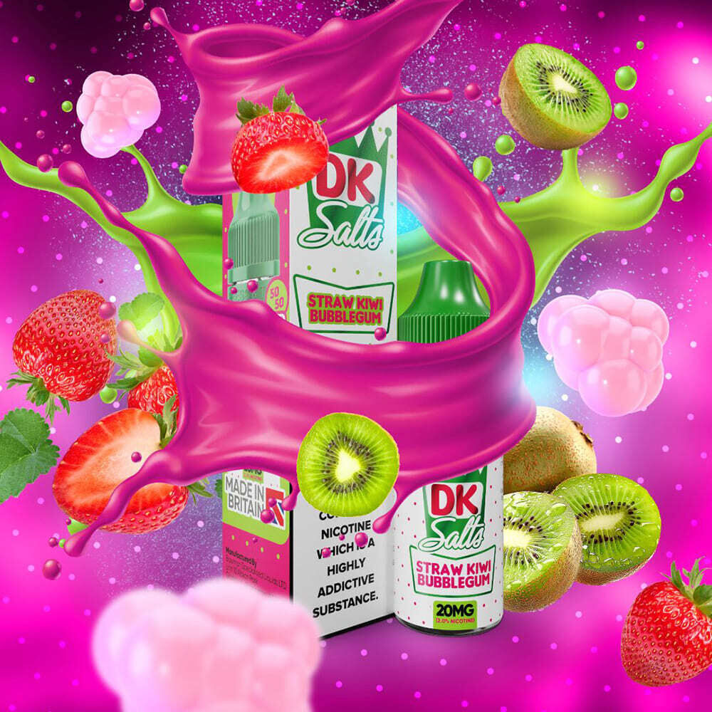 Liquid Straw Kiwi Bubblegum 20mg - DK Salts DK Salts Nikotinsalzflasche mit Erdbeeren, Kiwi und rosa Blasen auf einem farbenfrohen Hintergrund, Etikett mit „Straw Kiwi Bubblegum 20mg“ sichtbar.