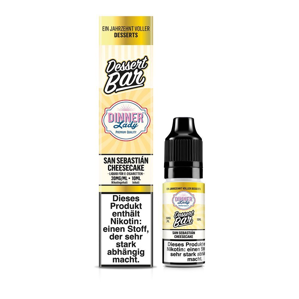 Liquid San Sebastian Cheesecake 20mg - Dinner Lady Nikotinsalz Dinner Lady Dessert Bar Nikotinsalz San Sebastian Cheesecake 20mg mit Warnhinweis zu Nikotinabhängigkeit auf Flasche und Verpackung.