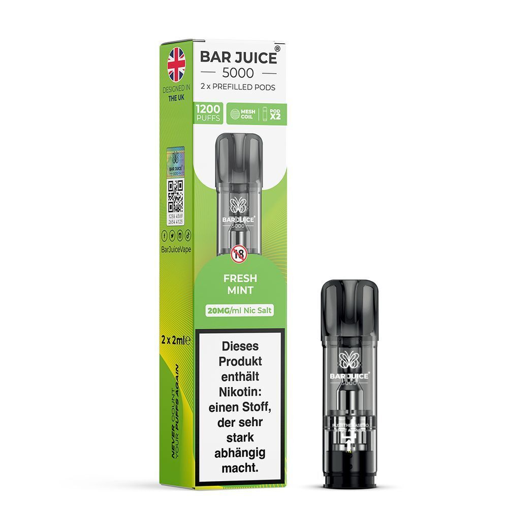 Fresh Mint 20mg - Bar Juice 5000 Pods Bar Juice 5000 Fresh Mint 20mg Pods mit 1200 Puffs, sichtbar auf Verpackung, inklusive Gesundheitswarnung und britischer Flagge.