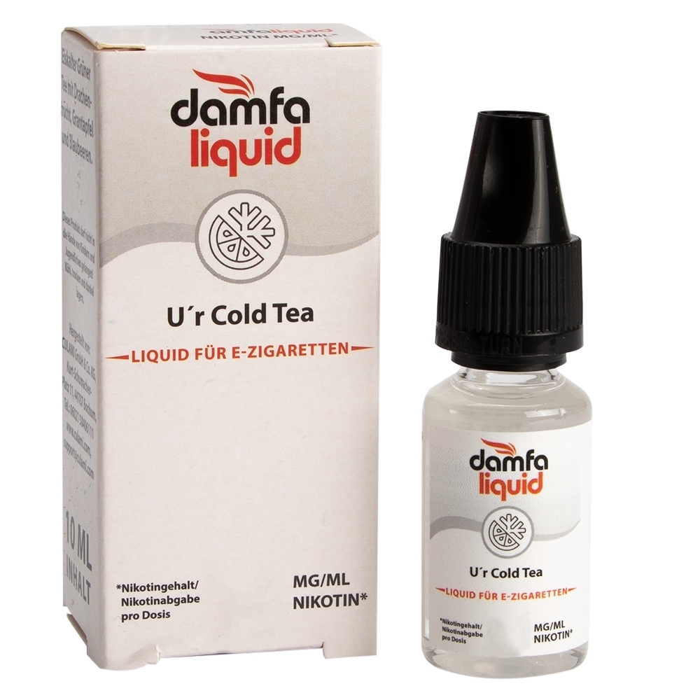 E-Zigaretten-Liquid "U´r Cold Tea" von Damfaliquid in einer Flasche und Verpackung, beide mit Logo und Eiswürfel-Grafik.