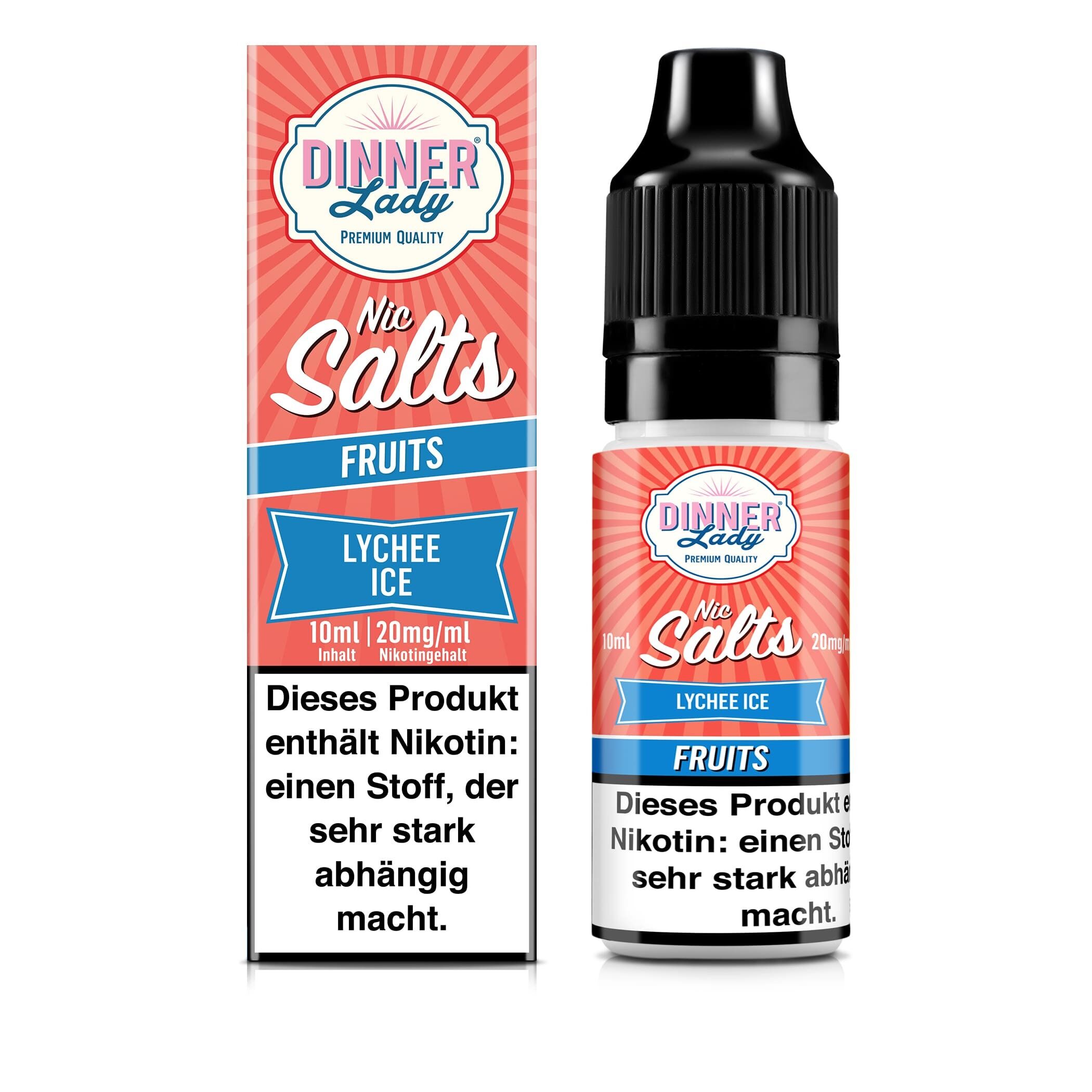 Liquid Lychee Ice - Dinner Lady Nikotinsalz Dinner Lady Nikotinsalz Lychee Ice 10mg Flasche und Verpackung mit Nikotin-Warnhinweis, rot-blaues Design, Fruits-Aufschrift