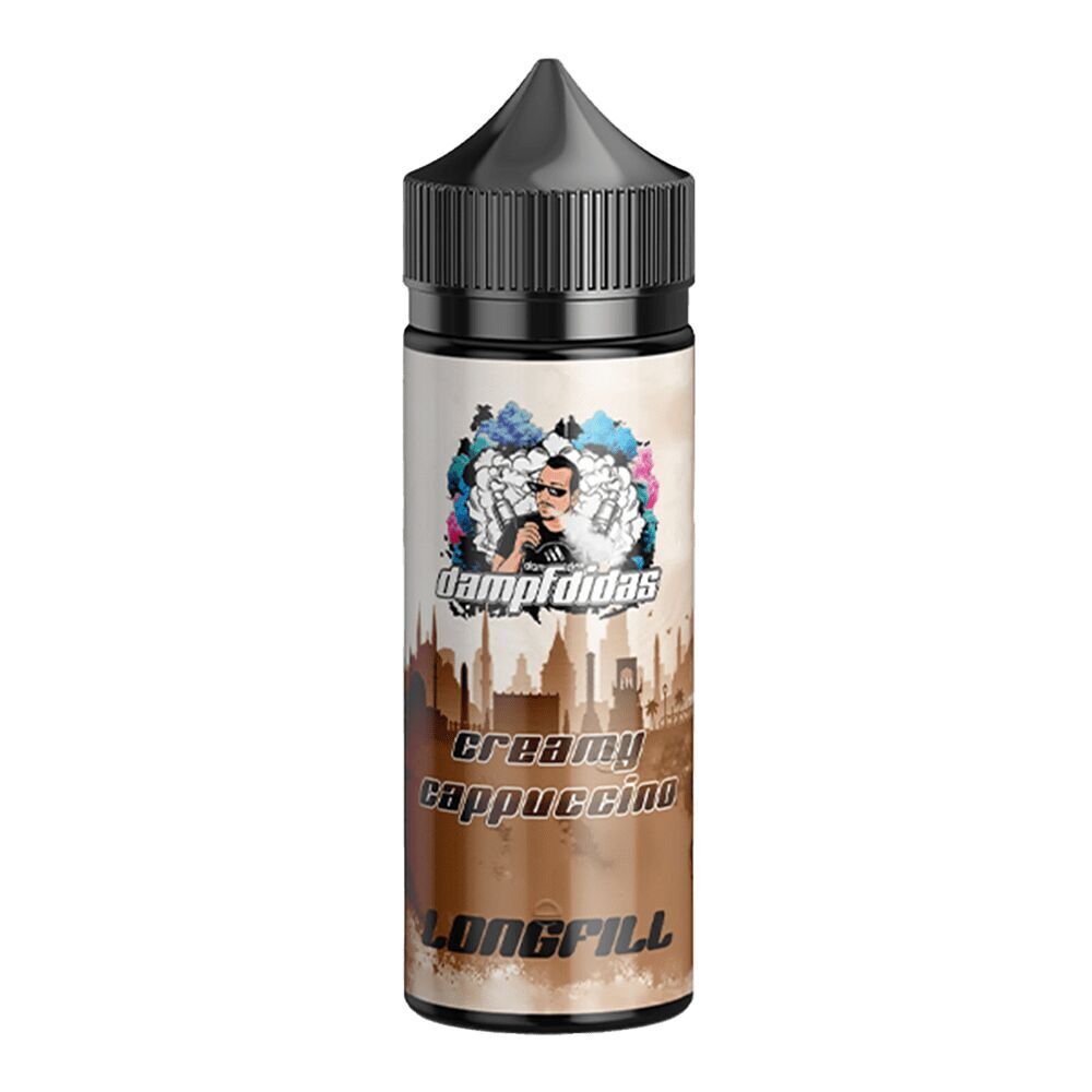 Dampfdidas Aroma Creamy Cappuccino Longfill Flasche mit Stadt-Silhouette und einem Cartoon-Charakter im Hintergrund.