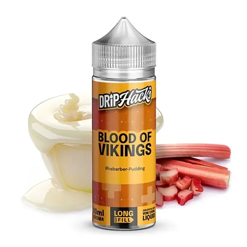 Aroma Blood of Vikings von Drip Hacks Drip Hacks Aroma Blood of Vikings Flasche vor einer Portion Rhabarber-Pudding und geschnittenem Rhabarber, Branding sichtbar