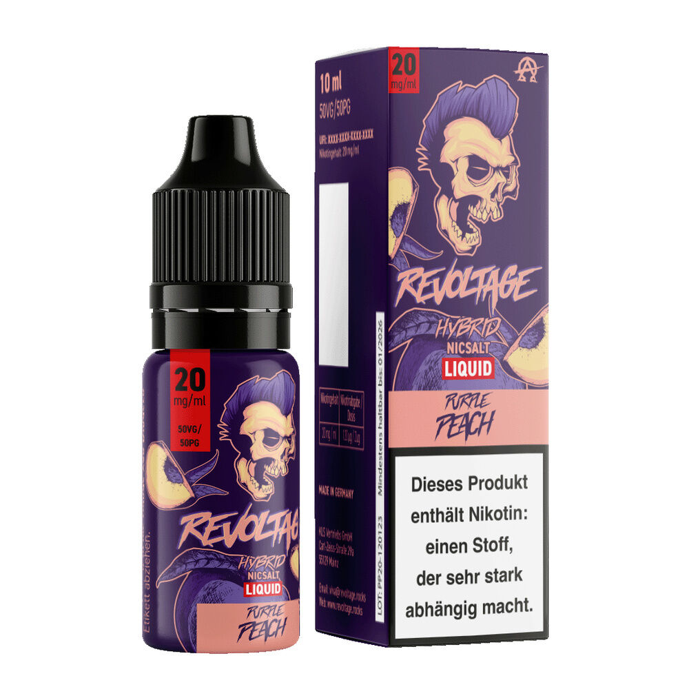 Revoltage Hybrid Liquid - Purple Peach Flasche und Verpackung von Revoltage Hybrid Liquid Purple Peach 20mg, zeigt einen Totenkopf, Pfirsichgrafik und Warnhinweis über Nikotingehalt.