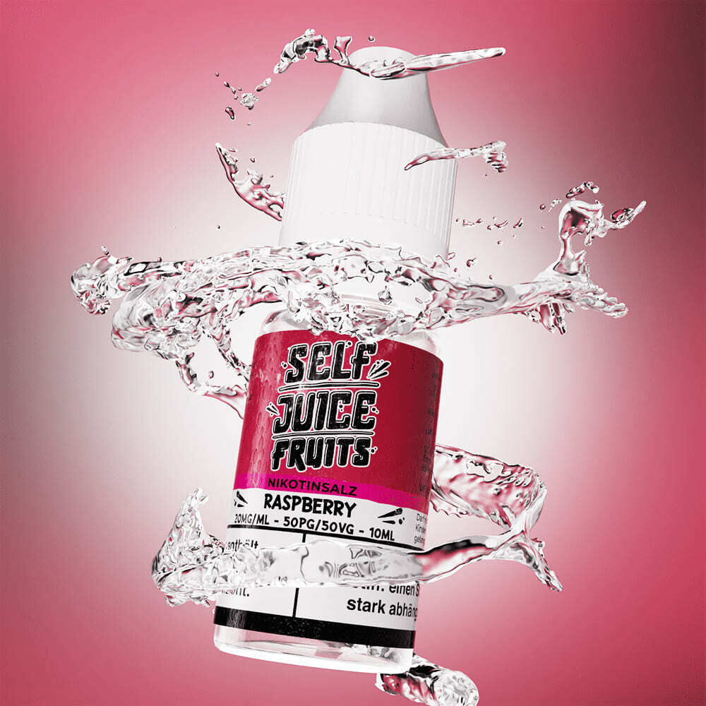 Liquid Raspberry Ice von Self Juice Eine Flasche Self Juice Nikotinsalz Raspberry Ice 20mg umgeben von spritzendem Wasser auf rosa Hintergrund.