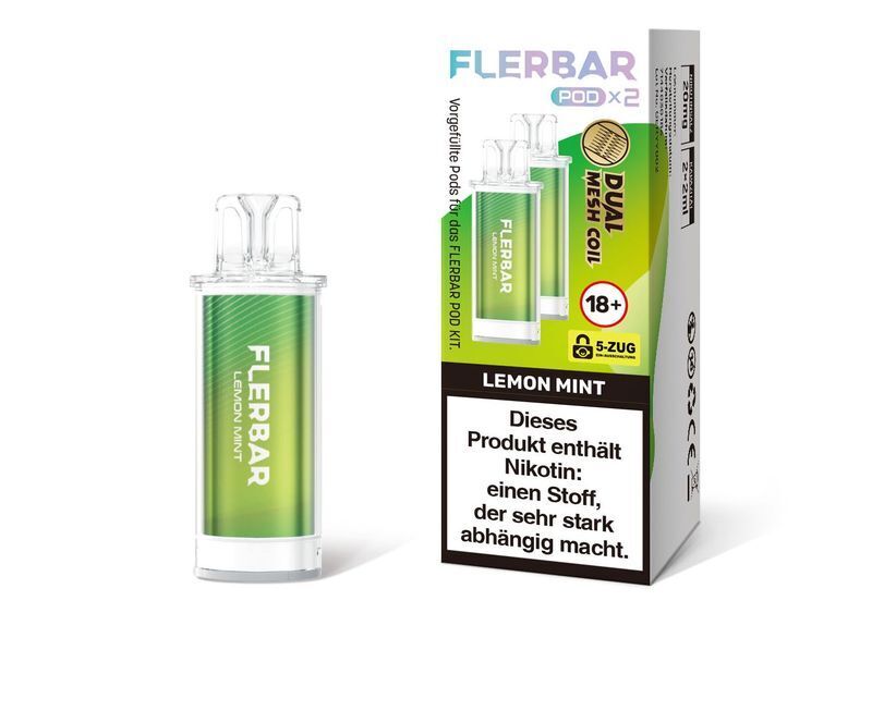 Lemon Mint 20mg - Flerbar Pods Flerbar Lemon Mint Pods, grüner Zylinder mit Mundstück, Verpackung mit Warnhinweis, geeignet ab 18 Jahren, Dual Mesh Coil.