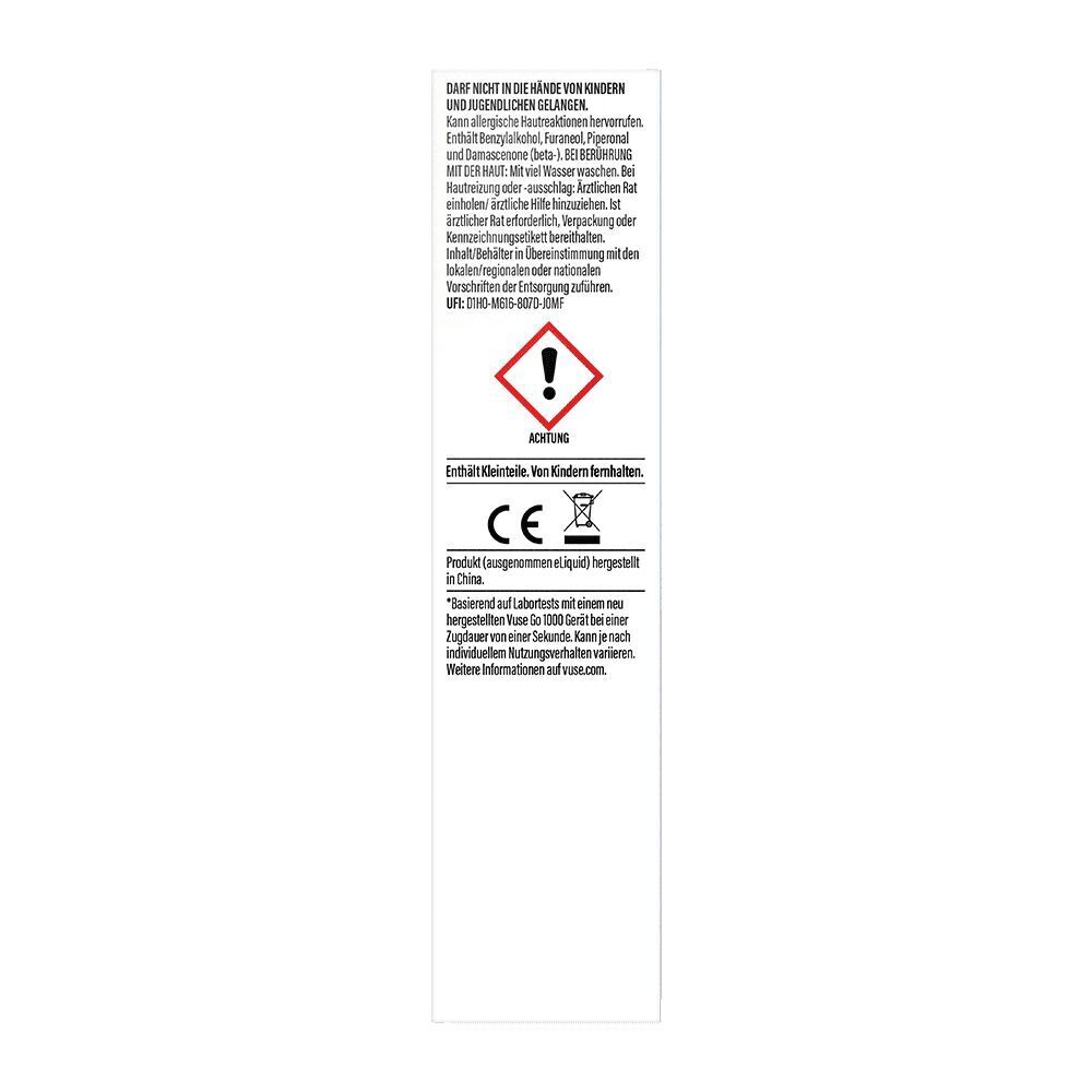 Blueberry Ice 0mg - Vuse GO 1000 Einweg Warnhinweise zu Allergierisiken und Produktsicherheit auf der Rückseite der Verpackung von Vuse GO 1000 - Blueberry Ice. Enthält Kleinteile.