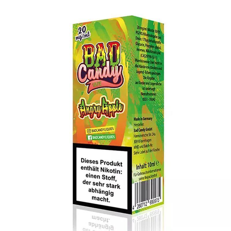 Liquid Angry Apple mit 20mg Nikotin von Bad Candy Verpackung von Bad Candy Nikotinsalz Angry Apple 20mg mit buntem Design und Warnhinweis über Nikotinabhängigkeit, enthält 10ml.