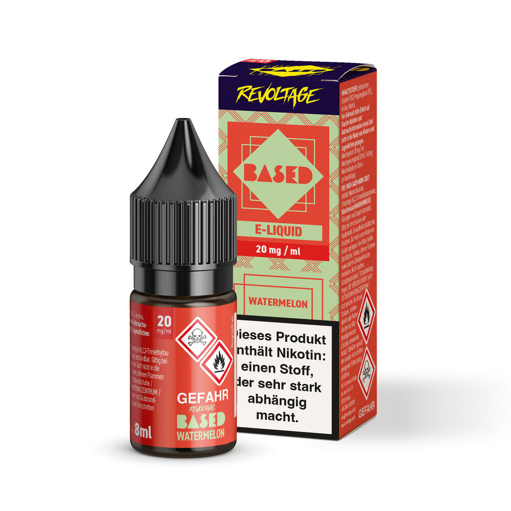 E-Liquid-Flasche und Verpackung mit der Aufschrift Revoltage Based Hybrid Liquid Watermelon 20mg, Warnhinweise auf rotem Hintergrund.