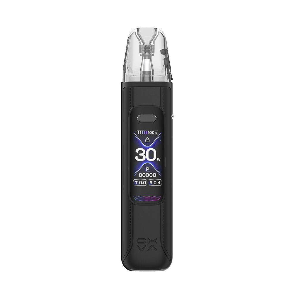 Oxva Xlim Pro 3 Pod Kit Oxva Xlim Pro 3 Pod Kit in Schwarz mit transparentem Mundstück, Display zeigt „30W“, Batteriestatus und weitere Einstellungen
