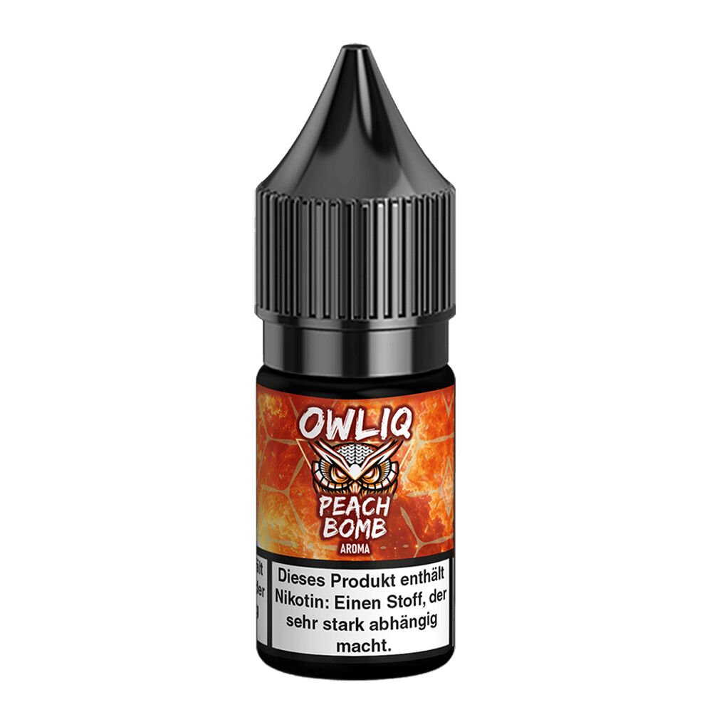 Owliq Nikotinsalz - Peach Bomb Owliq Peach Bomb Nikotinsalz-Flasche mit orangefarbenem Design und Warnhinweis, schwarzer Verschluss