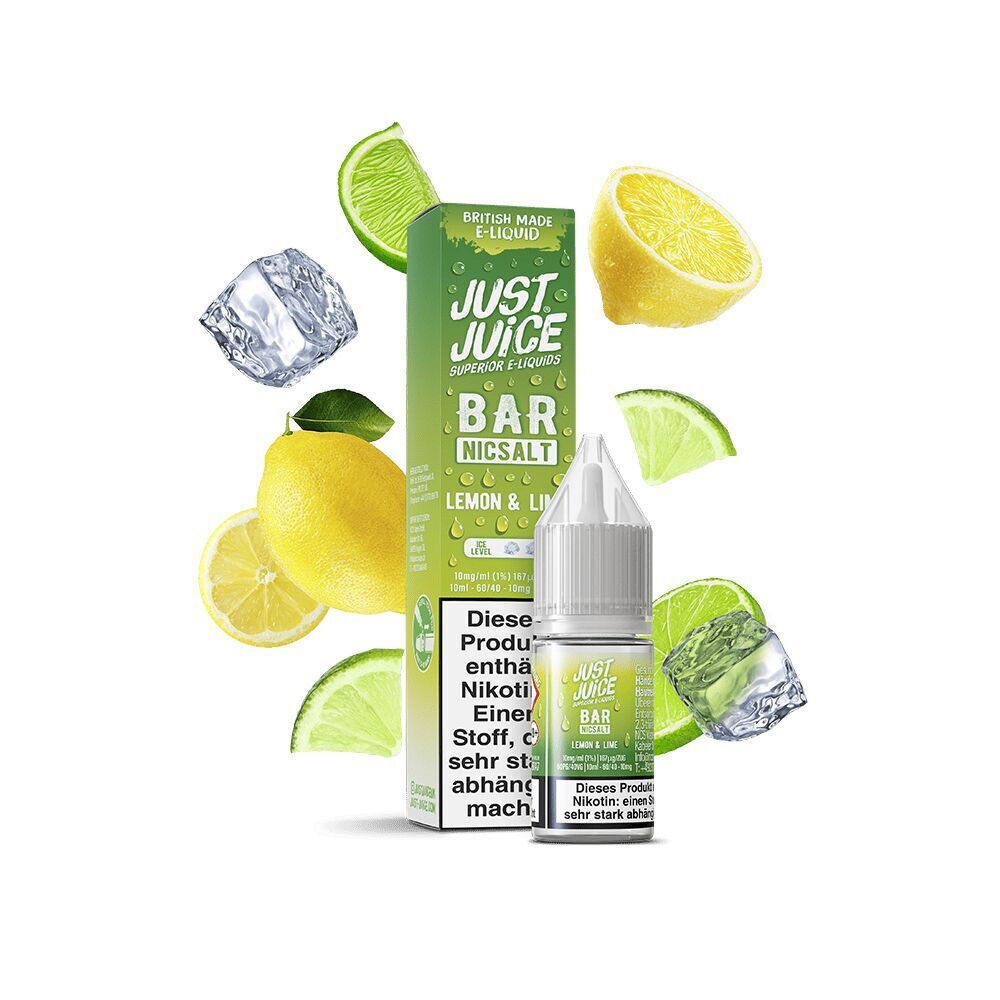 Liquid Lemon & Lime 10mg - Just Juice Just Juice Nicsalt Lemon & Lime mit abgebildeten Zitronen- und Limettenscheiben sowie Eiswürfeln, Flüssigkeitsfläschchen und Verpackung.