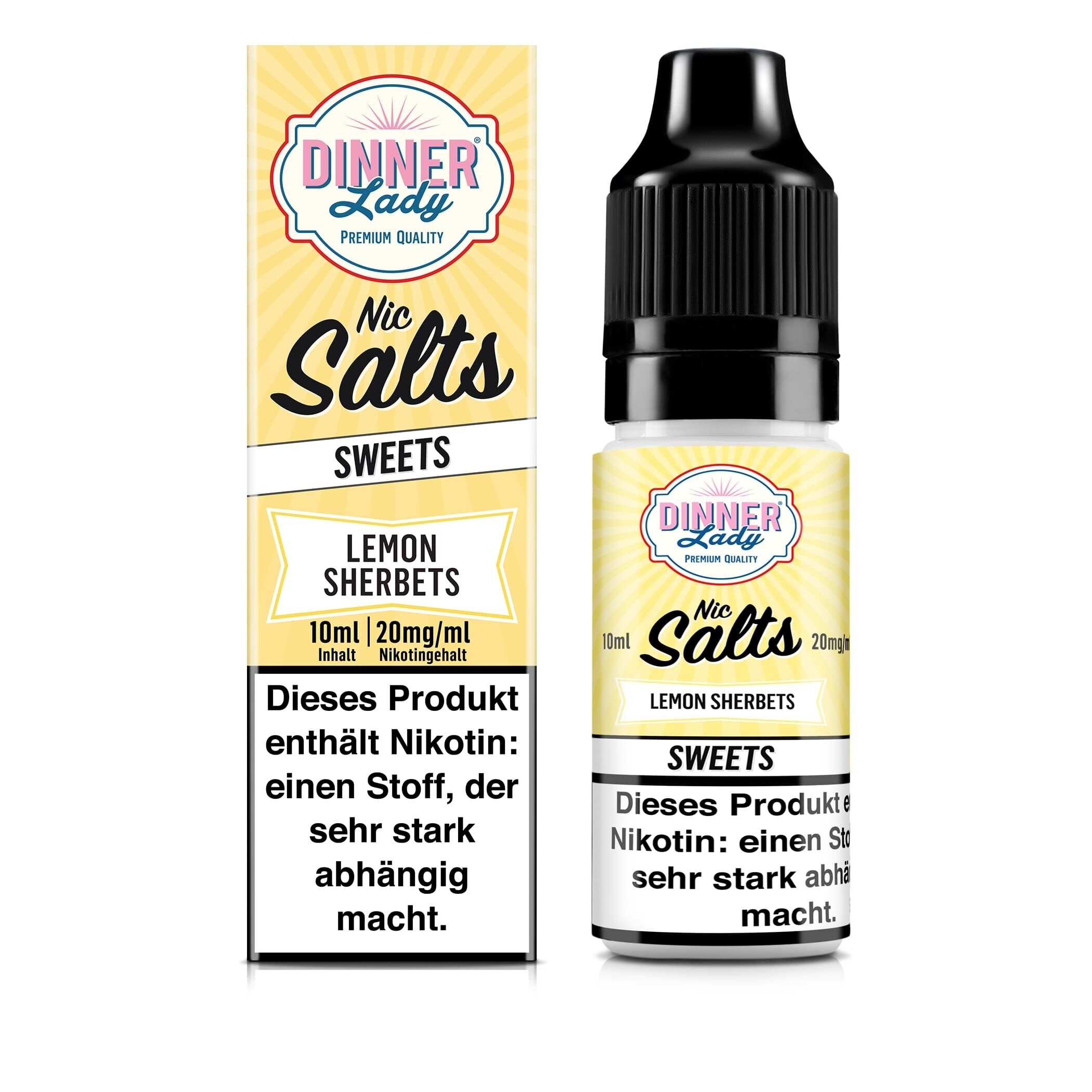 Liquid Lemon Sherbets mit 20mg Nikotin von Dinner Lady Dinner Lady Nic Salts Nikotinsalzflasche und Verpackung mit Lemon Sherbets Geschmack, 10 ml, 20 mg/ml, Warnhinweis auf Nikotinabhängigkeit sichtbar