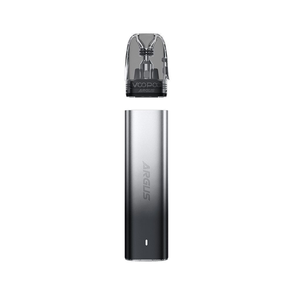 Voopoo Argus G2 Mini Pod Kit in Moonlit Gray mit durchsichtigem Pod und silbernem Gehäuse, ARGUS-Logo sichtbar