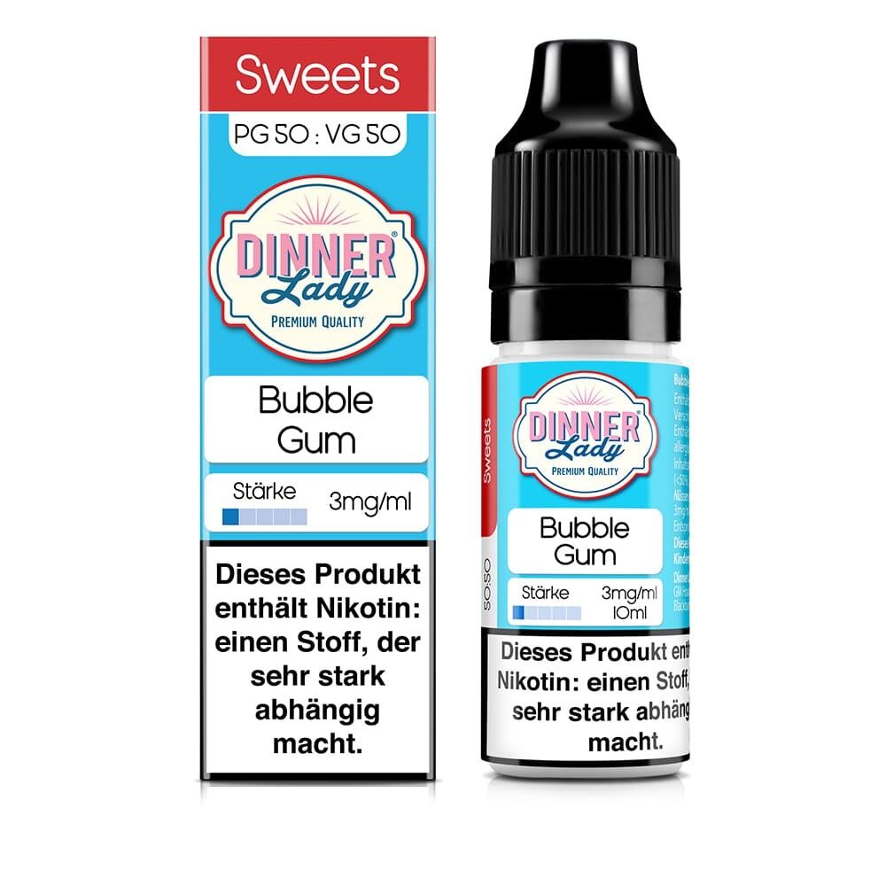 Liquid Bubblegum mit 3mg Nikotin von Dinner Lady Dinner Lady Liquid Bubblegum 3mg Flasche und Verpackung; Aufschrift "Dieses Produkt enthält Nikotin: einen Stoff, der sehr stark abhängig macht"