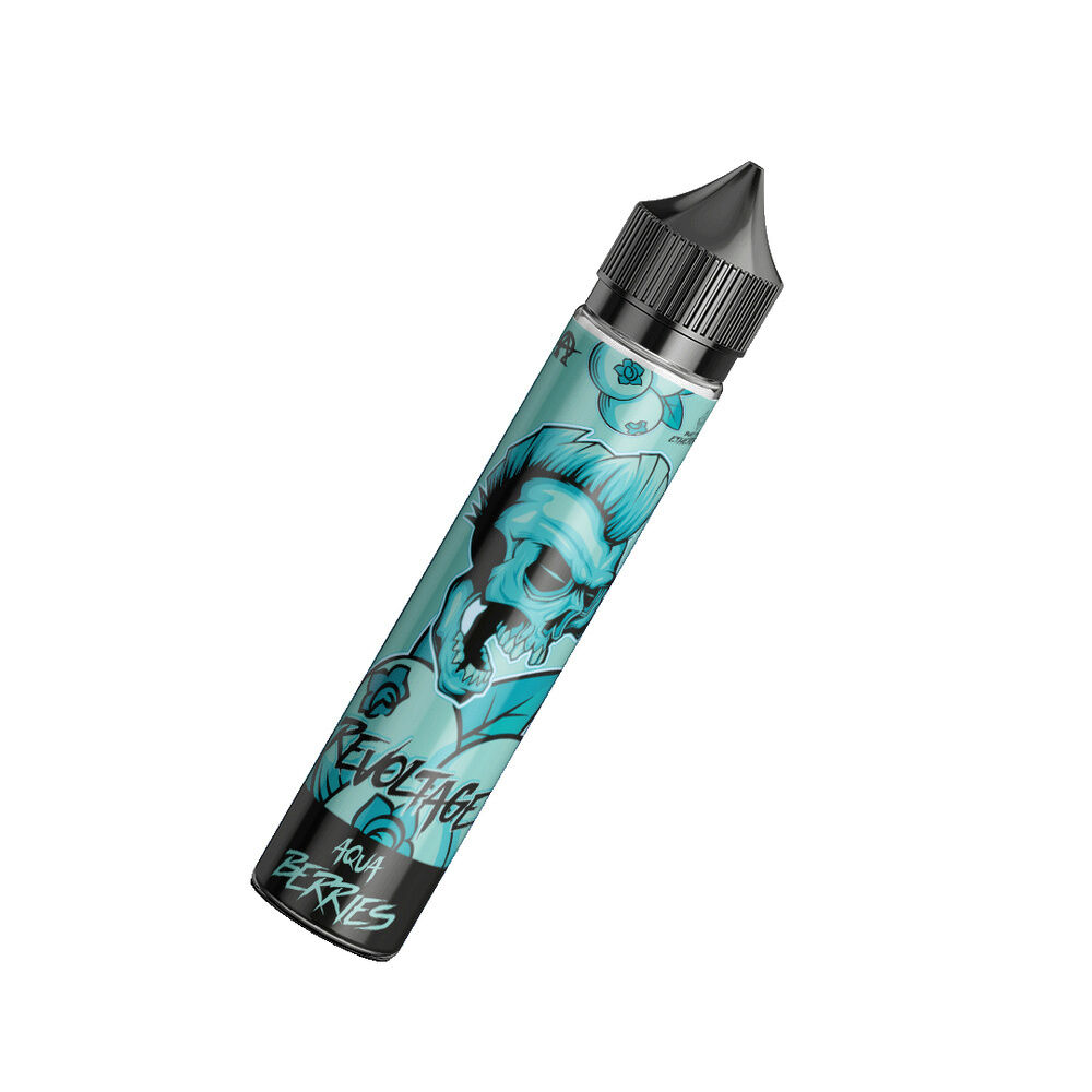 Revoltage Longfill Aroma Flasche mit blauem Schädelmotiv und der Aufschrift Aqua Berries, schwarzer Deckel.