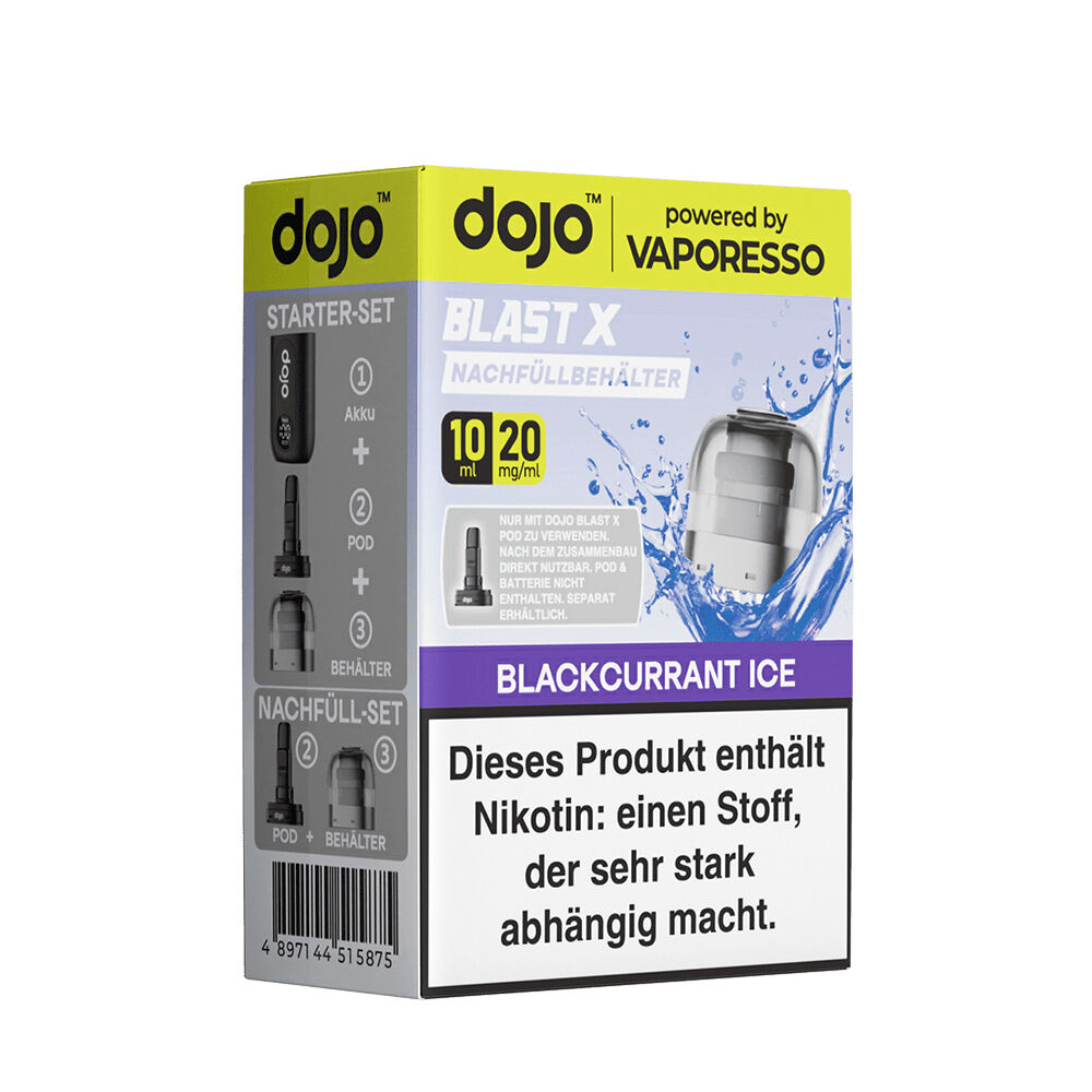 Vaporesso Dojo Blast X Pods - 20mg Nikotinsalz Verpackung der Vaporesso Dojo Blast X Pods, Blackcurrant Ice 20mg mit Starter- und Nachfüll-Set, Warnhinweis zu Nikotin.