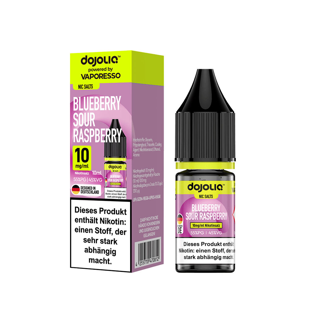 Vaporesso Dojoliq Nikotinsalz - Blueberry Sour Raspberry E-Liquid-Flasche und Verpackung von Dojoliq Vaporesso mit der Geschmacksrichtung Blueberry Sour Raspberry, 10 mg/ml Nikotinsalz.