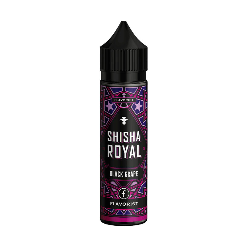 FLA115s Aromaflasche Flavorist Shisha Royal Black Grape mit schwarzem Deckel und buntem Design auf schwarzem, lila Hintergrund.