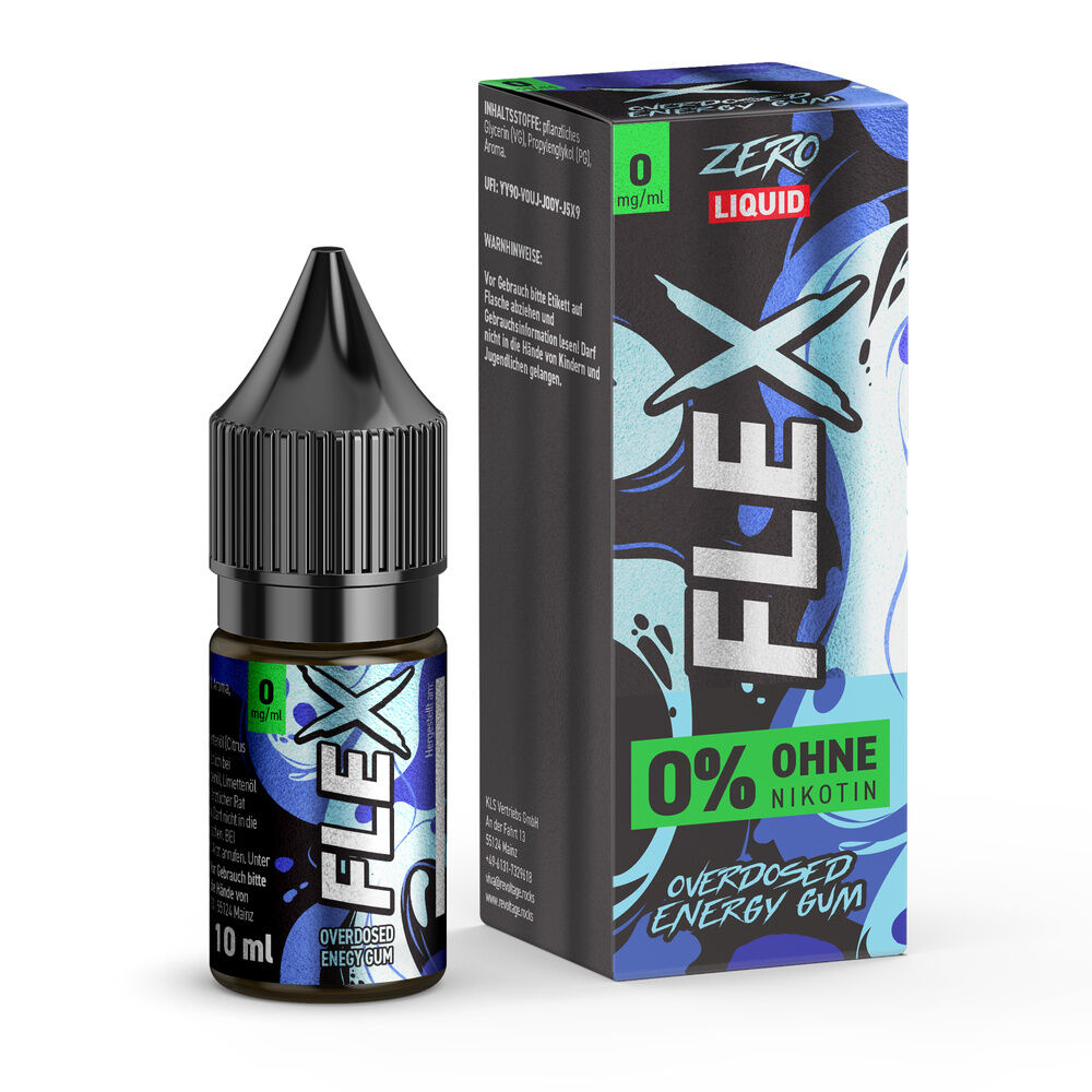 Revoltage Flex Nikotinsalz - Energy Gum Revoltage Flex Nikotinsalz Energy Gum 10 ml Flasche und Verpackung, auffälliges blau-schwarzes Design, 0% Nikotin hervorgehoben