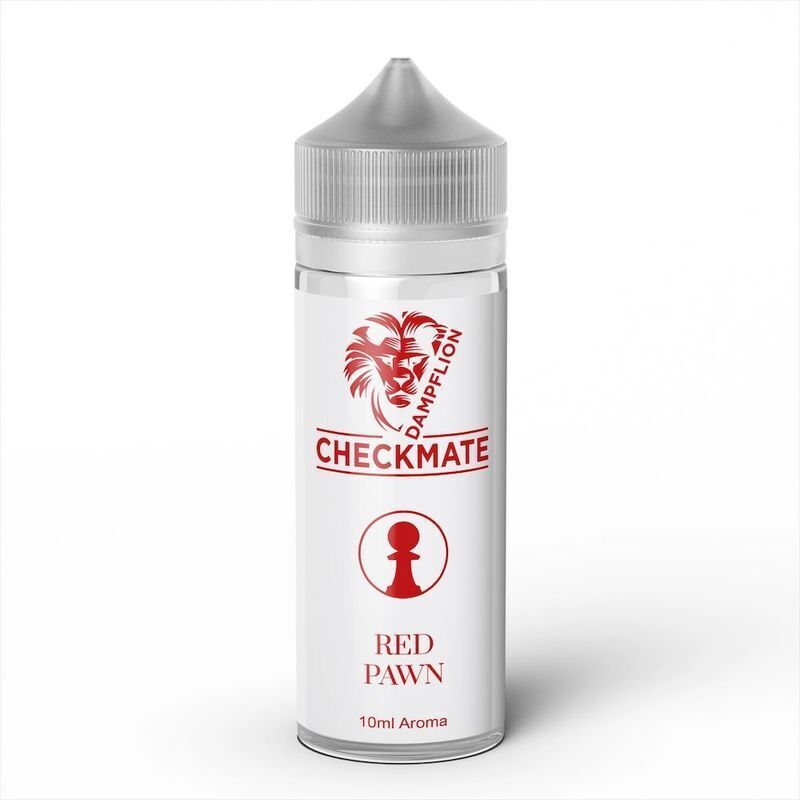 Aromaflasche mit der Aufschrift Dampflion Checkmate Red Pawn, rote Schachfigur und 10ml Aromaangabe