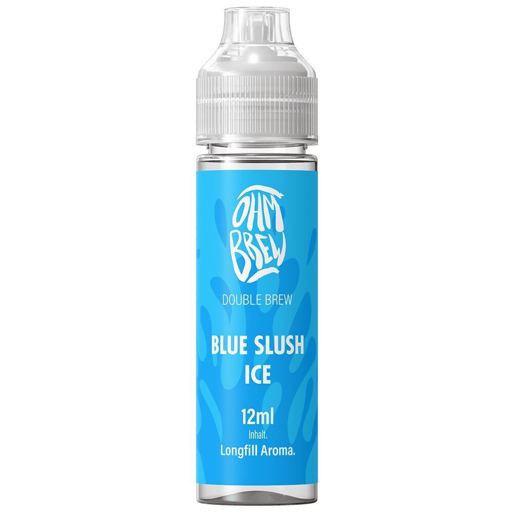 Aroma Blue Slush Ice von Ohm Brew Ohm Brew Blue Slush Ice Aroma Longfill-Flasche, 12ml, mit blauem Etikett und weißer Schrift, versiegelter Verschluss.
