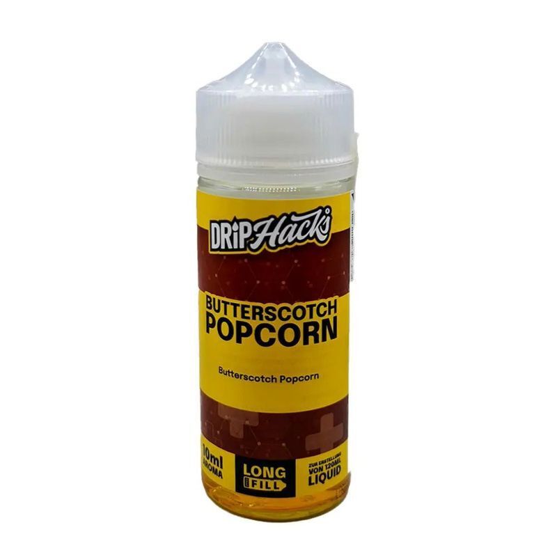 Aroma Butterscotch Popcorn von Drip Hacks Drip Hacks Aroma Butterscotch Popcorn Flasche, gelbes Etikett mit schwarzem Text, 100ml, Long Fill, weißer Deckel
