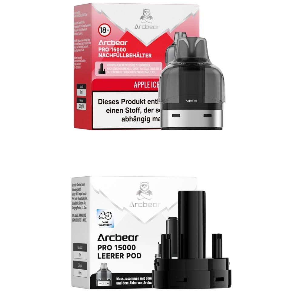 Arcbear Pro 15000 Pods - Apple Ice 20mg Arcbear Pro 15000 Pods Apple Ice 20mg Verpackungen und Pods mit sichtbarem Text und Branding in Rot und Weiß