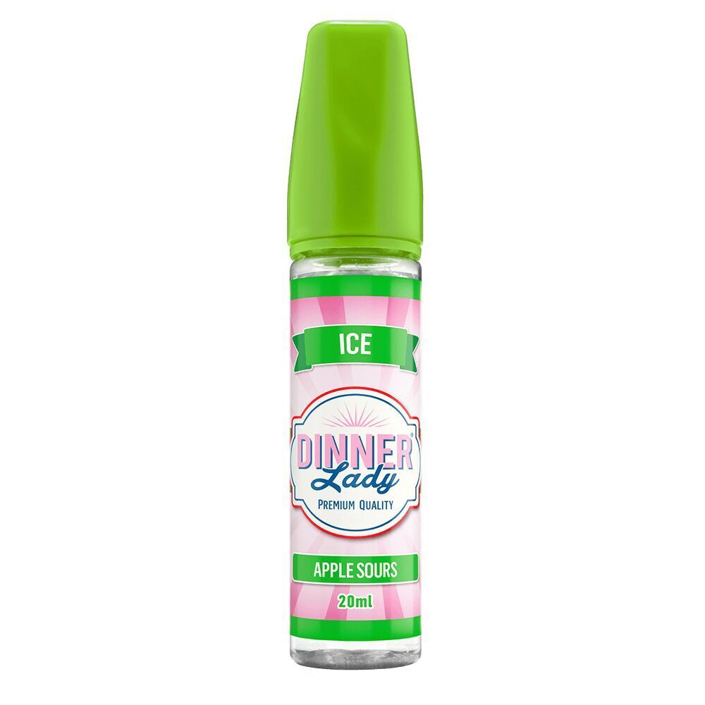 Aroma Apple Sours ICE von Dinner Lady Dinner Lady Aroma Flasche mit grünem Verschluss, Aufschrift ICE und Apple Sours, 20ml, pink-grüne Etikettenfarbe