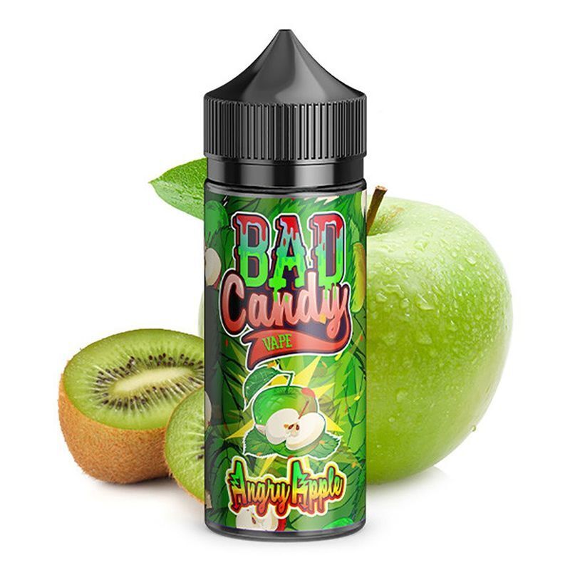 Aroma Angry Apple von Bad Candy Bad Candy Vape-Flasche mit Angry Apple-Aroma, daneben eine grüne Apfelhälfte und eine halbe Kiwi auf weißem Hintergrund