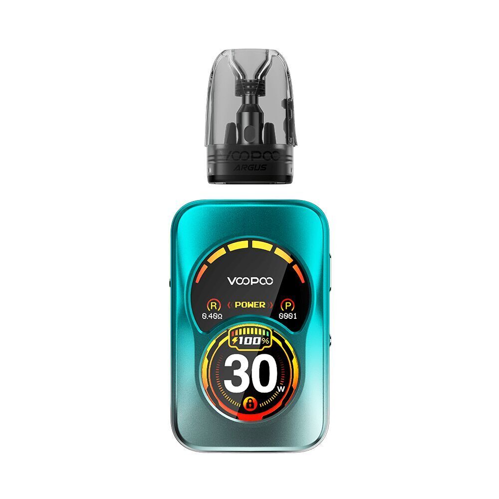 Voopoo Argus A Pod Kit in Azure Blue mit digitalem Display, zeigt 30W Leistung, Ladezustand und Widerstandsanzeige, Podaufsatz separat.
