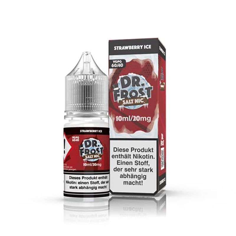 Liquid Strawberry Ice mit 20mg Nikotin von Dr. Frost Dr. Frost Nikotinsalz Strawberry Ice 20mg Flasche neben passender Verpackung mit Warnhinweis zu Nikotingehalt und Abhängigkeit.