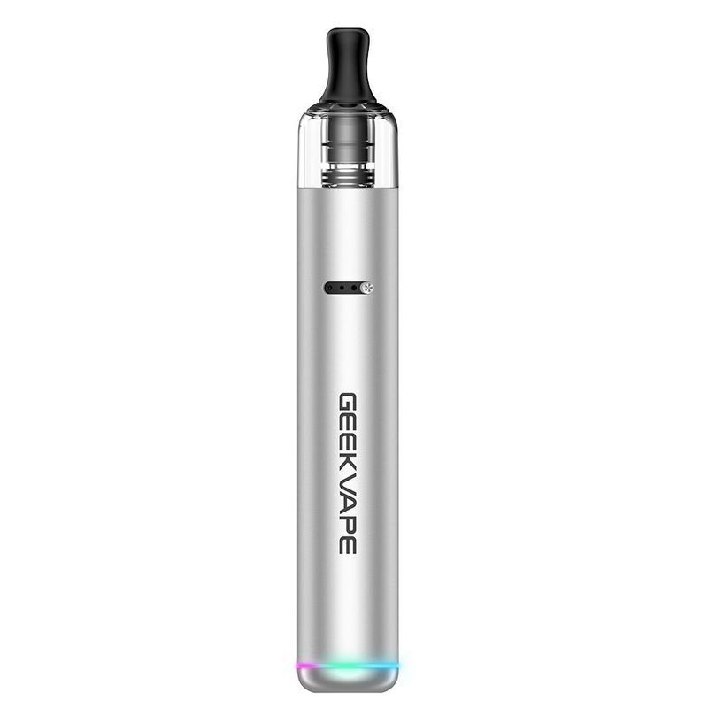 Geekvape Wenax S3 Pod Kit in der Farbe Atom Silver Geekvape Wenax S3 Pod Kit in Silber mit schwarzem Mundstück und transparentem oberen Teil, Logo „GEEKVAPE“ auf der Vorderseite.
