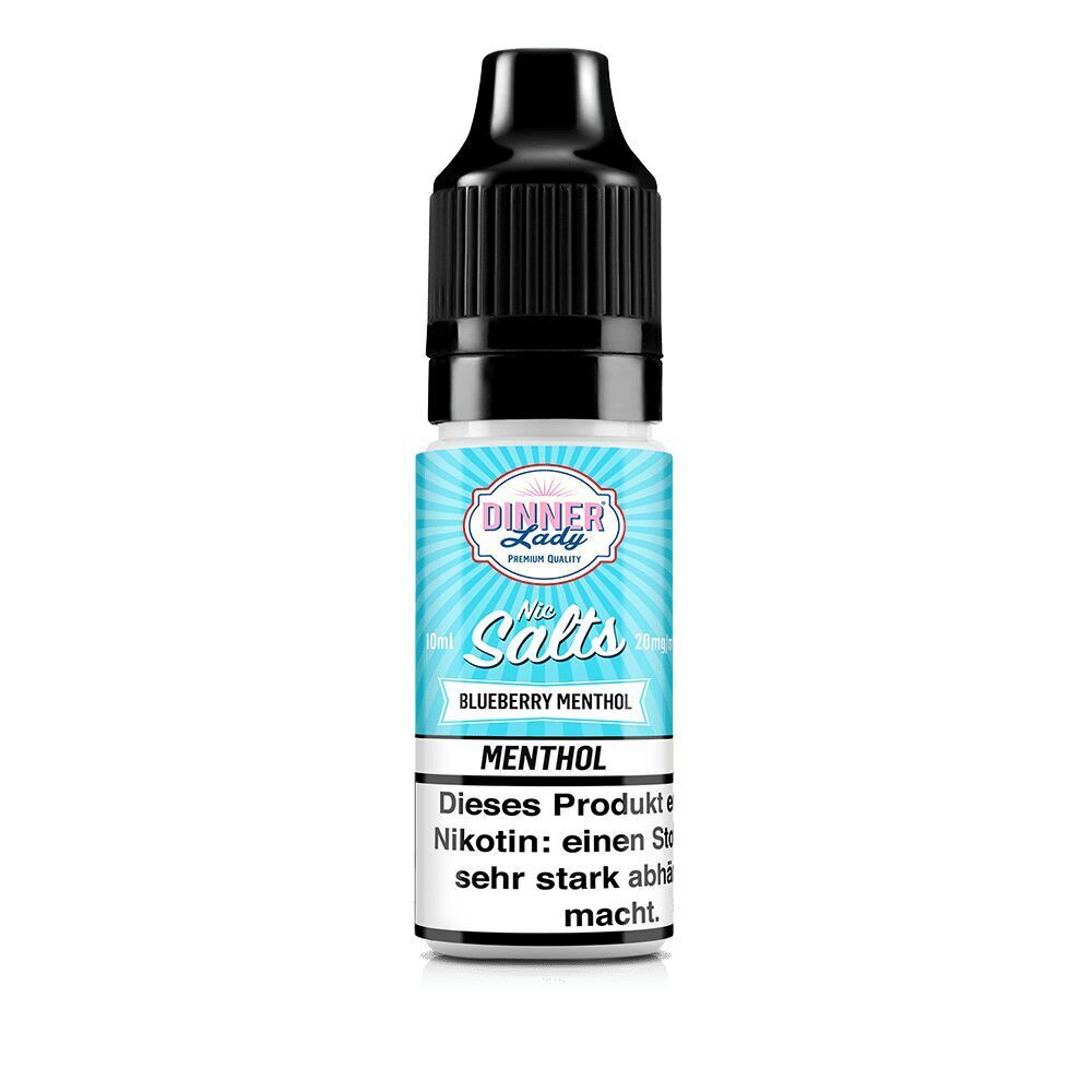 Dinner Lady Nikotinsalz-Flasche mit Blueberry Menthol-Label, schwarzem Verschluss, sichtbare Warnhinweise über Nikotinsucht, 10 ml, 20 mg Stärke.