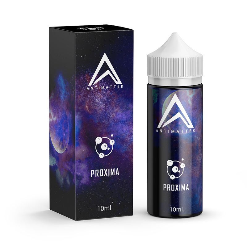 Aroma Proxima von Antimatter Antimatter Aroma - Proxima 10ml Flasche und Verpackung mit violettem Weltraumdesign und weißem Logo.