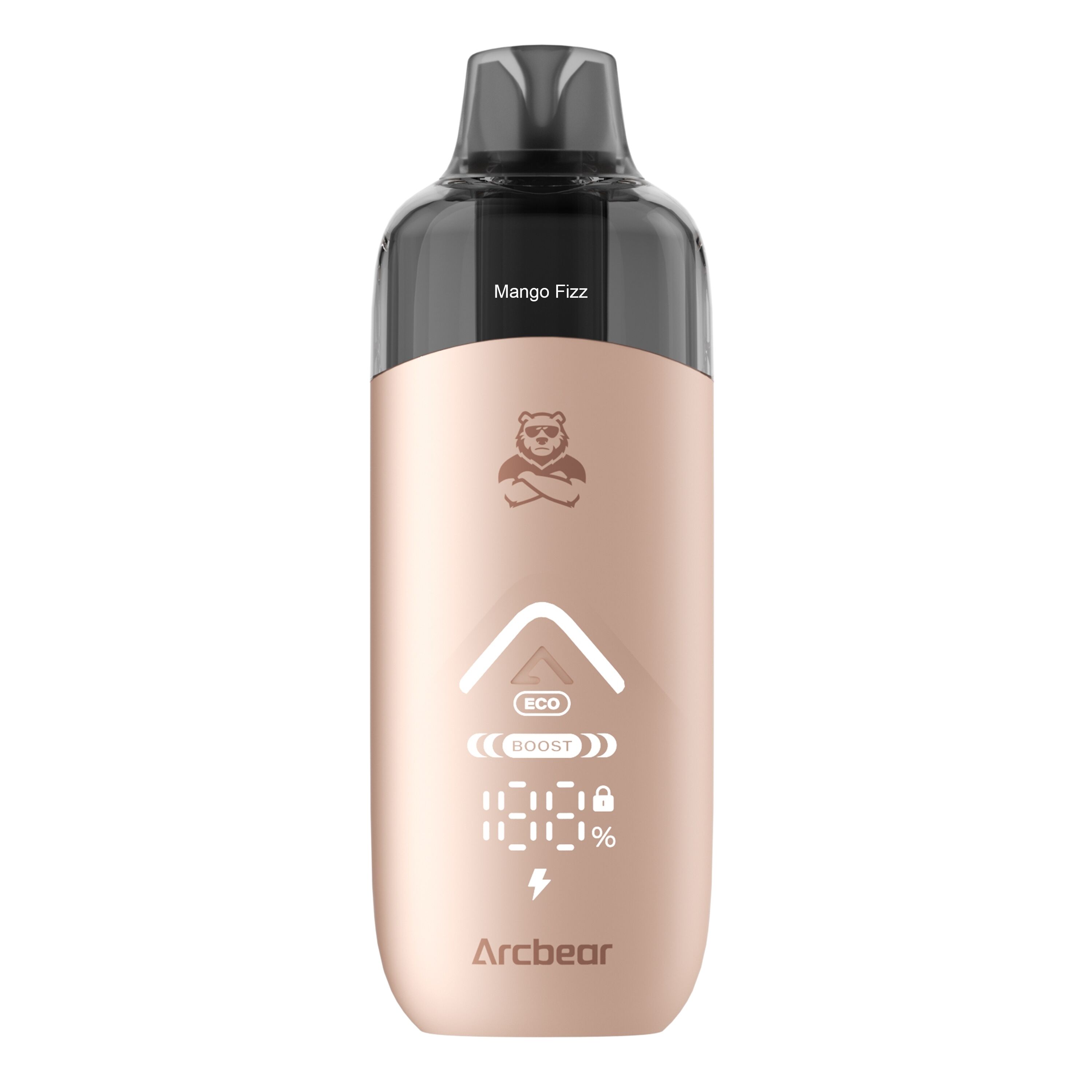 Arcbear Pro 15000 Set - Mango Fizz 20mg Arcbear Pro 15000 Set in Mango Fizz Farbe, zeigt ein Display mit Prozentzahl und Symbolen, darunter ein Bär-Logo und die Worte Arcbear Eco Boost.