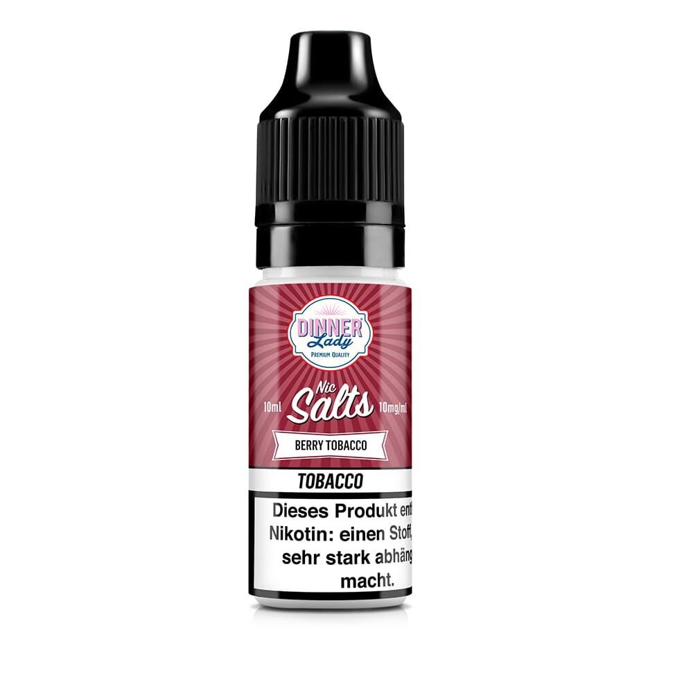 Flasche Dinner Lady Nikotinsalz Berry Tobacco 10mg mit rosa Etikett und schwarzem Deckel, enthält Nikotinwarnung.