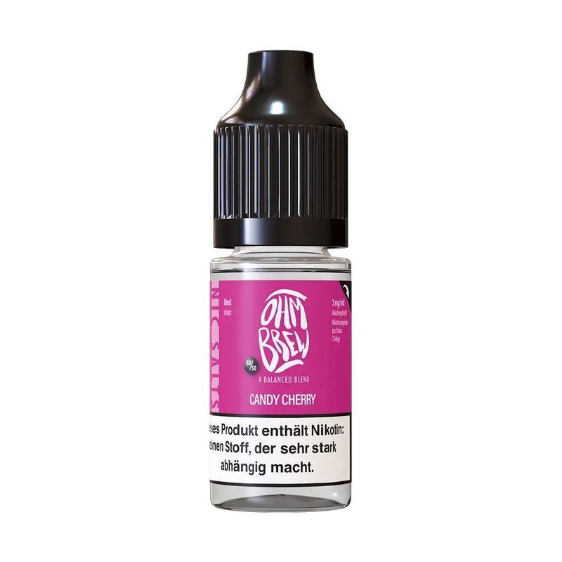 Liquid Candy Cherry mit 18mg Nikotin von Ohm Brew Flasche von Ohm Brew mit schwarzem Deckel, pinkem Etikett, darauf Text "Candy Cherry 18mg", Hinweis auf Nikotingehalt unten.