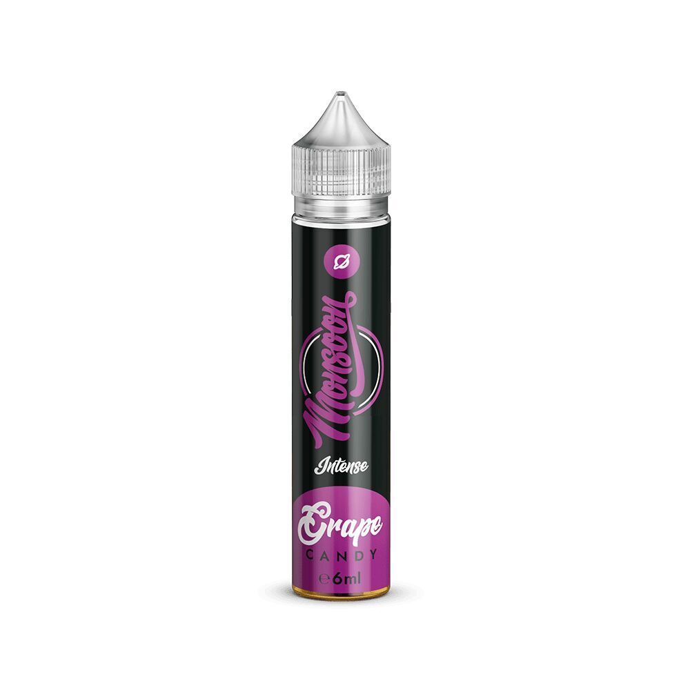Schwarze Flasche Monsoon Aroma Grape Candy mit silbernem Verschluss, violettem und weißem Schriftzug, 6 ml Inhalt.