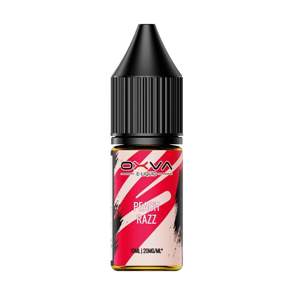Oxva Nikotinsalz-Flasche mit Peach Razz-Geschmack, schwarzer Deckel, rote und beige Etikettierung, 10ml, 20mg/ml