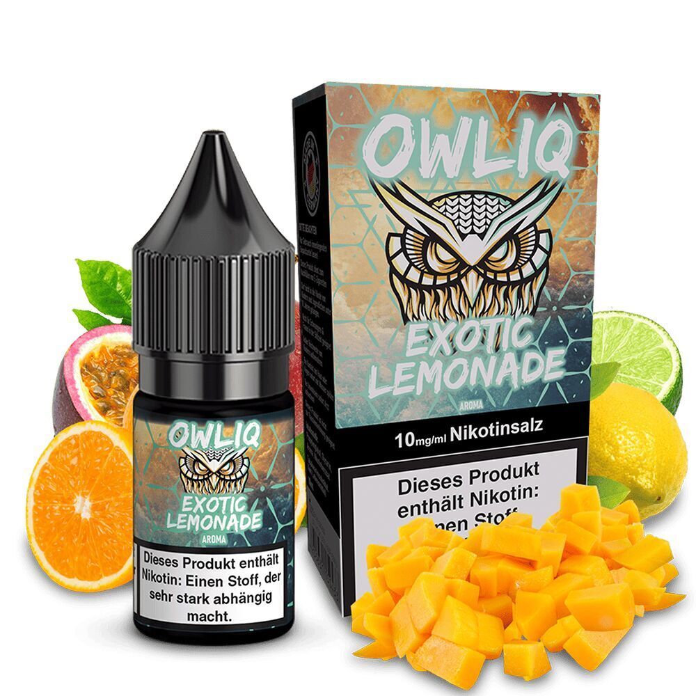Owliq Nikotinsalz - Exotic Lemonade Owliq Exotic Lemonade Nikotinsalz 10mg Flasche und Verpackung, umgeben von Passionsfrucht, Orange, Zitrone und Mangowürfeln