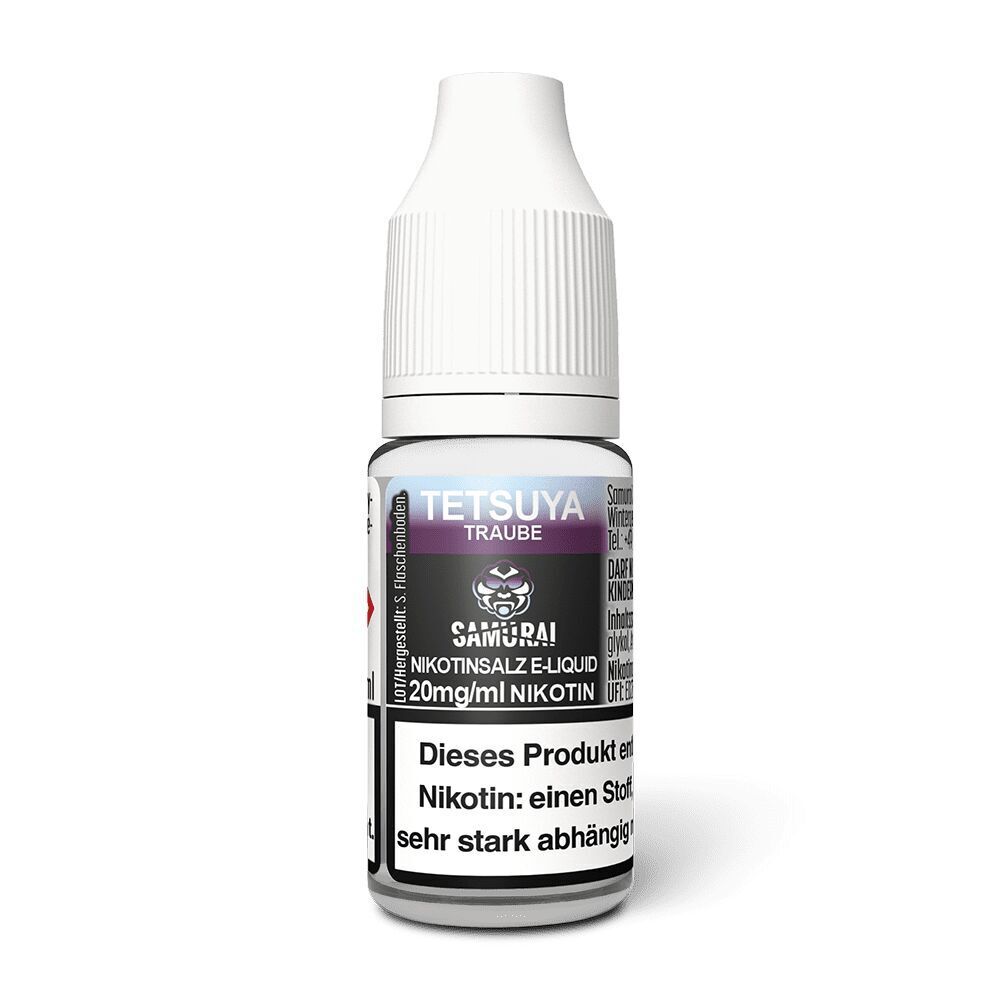 Liquid Tetsuya Traube 20mg - Samurai Flasche Samurai Nikotinsalz Tetsuya Traube 20mg mit weißem Verschluss und deutlichem Warnhinweis über Nikotin-Inhalt.