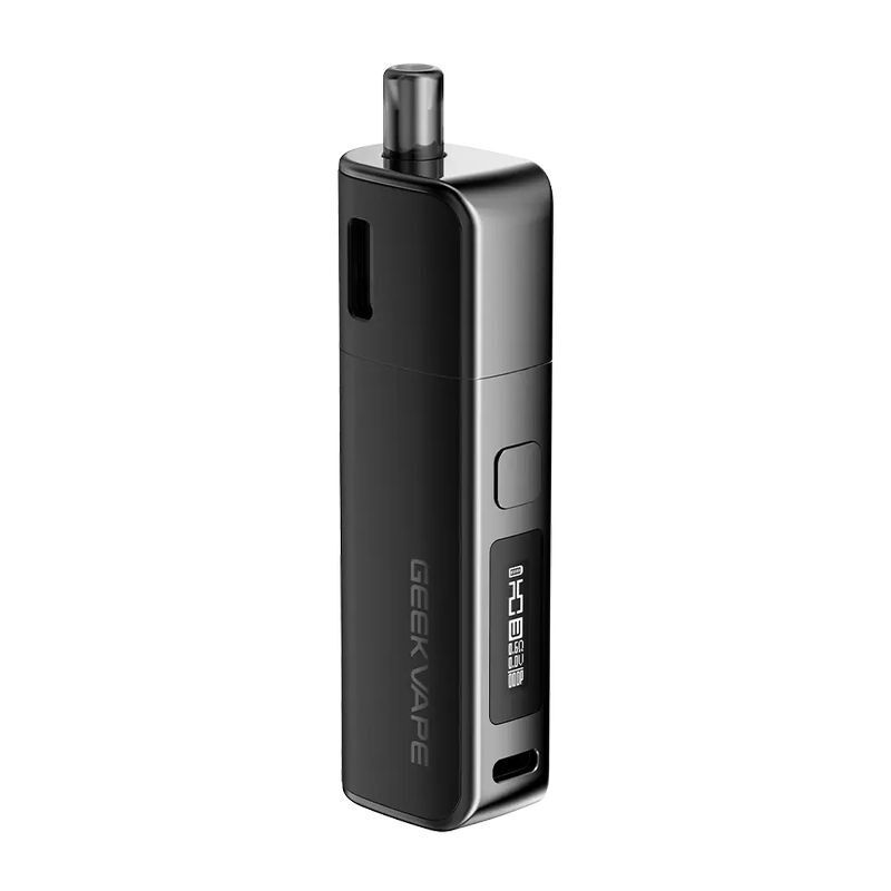 Geekvape S30 Pod Kit Geekvape S30 Pod Kit in Schwarz mit Digitalanzeige, rechteckigem Knopf und abgerundetem Mundstück.