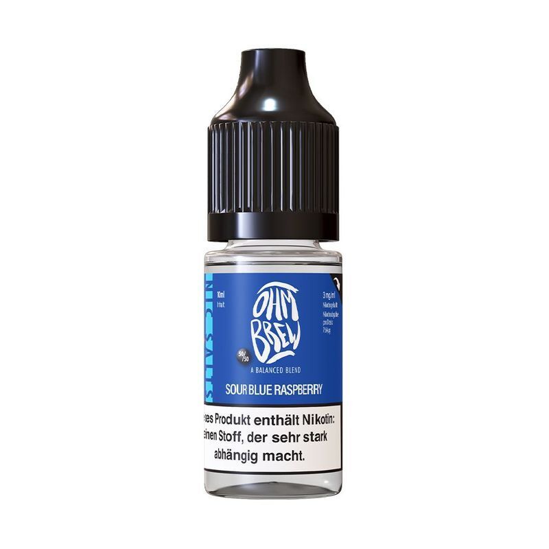 Ohm Brew Nikotinsalz - Sour Blue Raspberry Ohm Brew Nikotinsalz Sour Blue Raspberry Flasche mit blauem Etikett, schwarzem Verschluss und Warnhinweis über Nikotinabhängigkeit.