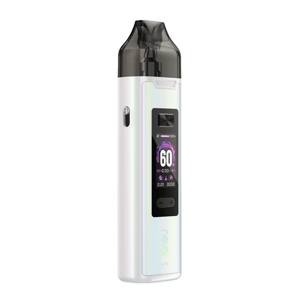 Nevoks Feelin XR Pro Pod Kit Nevoks Feelin XR Pro Pod Kit in Silber mit Displayanzeige, zeigt 60 Watt, seitlicher Knopf, transparentes Mundstück, subtiler Markenaufdruck.