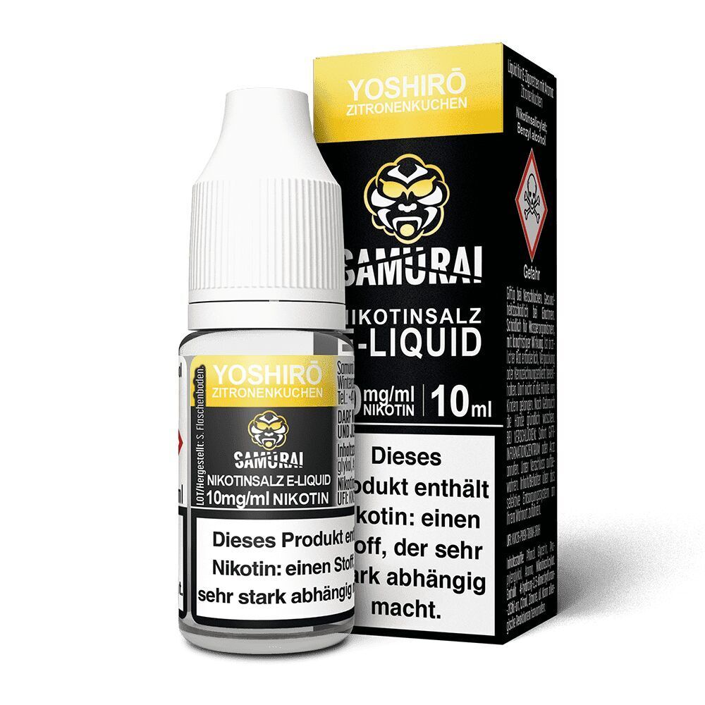 Liquid Yoshiro Zitronenkuchen 10mg - Samurai Flasche Samurai Nikotinsalz Yoshiro Zitronenkuchen 10mg und 10ml Verpackung mit Warnhinweis und gelbem Branding auf schwarzem Hintergrund